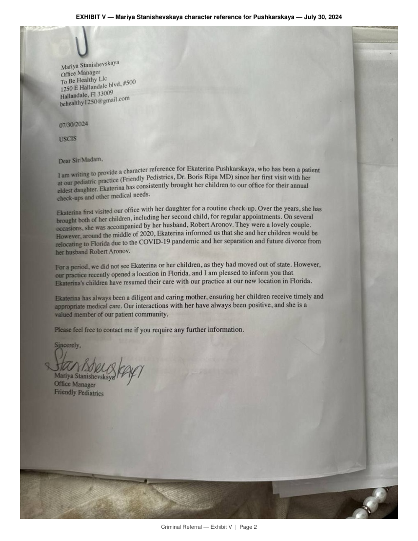 Mariya Stanishevskaya’s signed July 30, 2024 letter for Ekaterina Pushkarskaya showing the Suite 500 office address